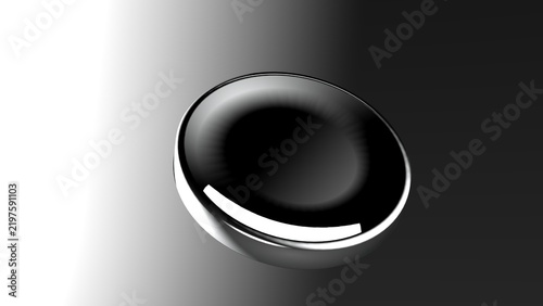 Foto 3D glossy black and silver metallic chrome oval concave disc object floating on