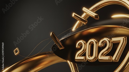 Golden new year 2027 celebration with glittering ribbons and festive background