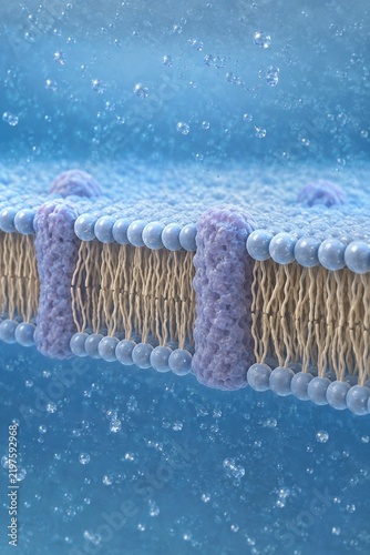 3D render of a cell membrane phospholipid bilayer with proteins in a blue fluid environment