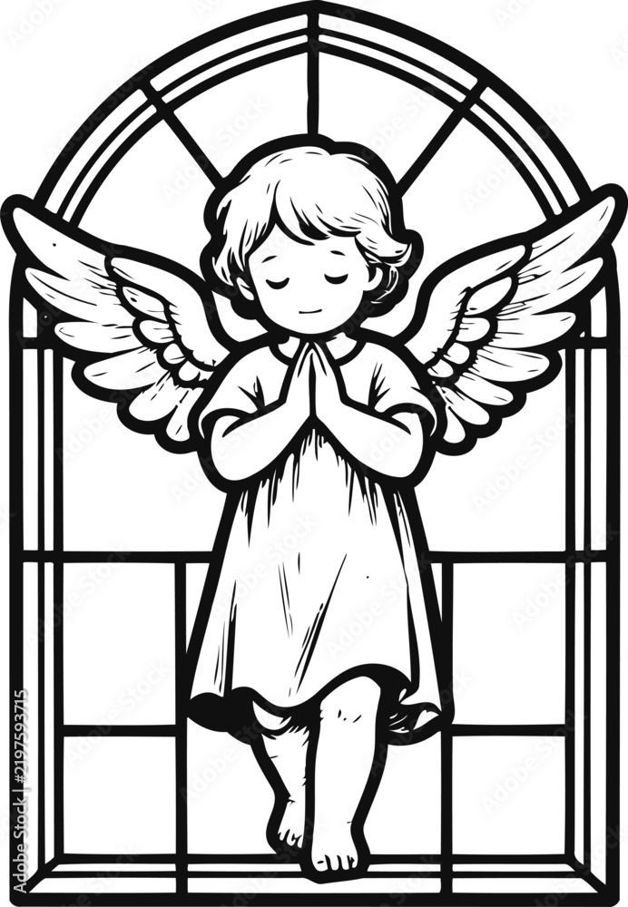 Obraz premium Angel child with wings praying inside stained glass window frame illustration