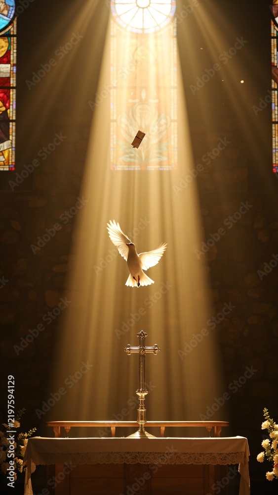 Fototapeta premium White Dove Carrying a Letter in a Sunlit Church