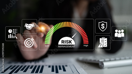 Comprehensive Risk Management Strategies with Visual Indicators and Business Icons for Effective Decision-Making and Analysis in Corporate Environments. Glyphic.
