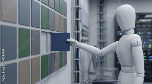 Futuristic humanoid robot organizing data modules in a server room, artificial intelligence managing digital storage, 3D character in a high-tech facility