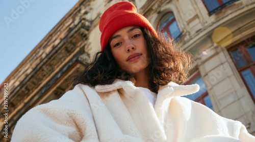 Stylish Woman in Red Beanie and Cozy Jacket Posing for a Portrait