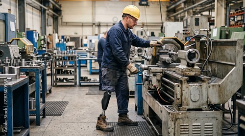 Skilled Machinist with Prosthetic Leg Operates Lathe Machine in Industrial Factory Setting