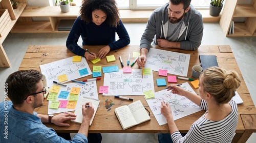 Diverse team collaborating on a business strategy using flowcharts and sticky notes at a wooden table