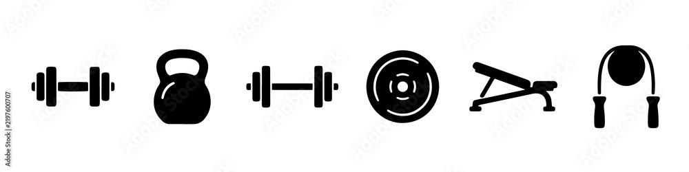 Obraz premium Minimalist fitness icons featuring gym equipment silhouettes in simple vector style