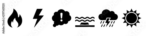 Minimalist weather and natural elements icons set featuring flame lightning and sun symbols