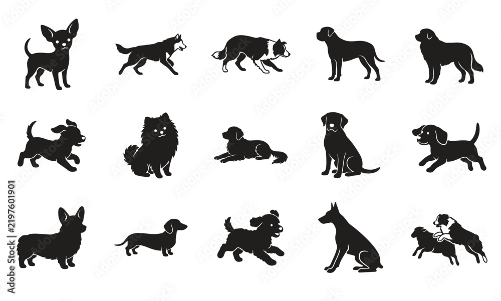 Obraz premium Black Dog Silhouette Vector Set, Cute Puppy and Adult Canine Poses for Pet and Animal Designs