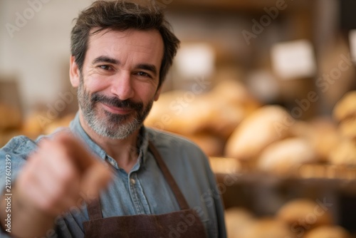 Smiling male baker pointing finger at camera in bakery shop. Happy business owner choosing you for recruitment or hiring concept