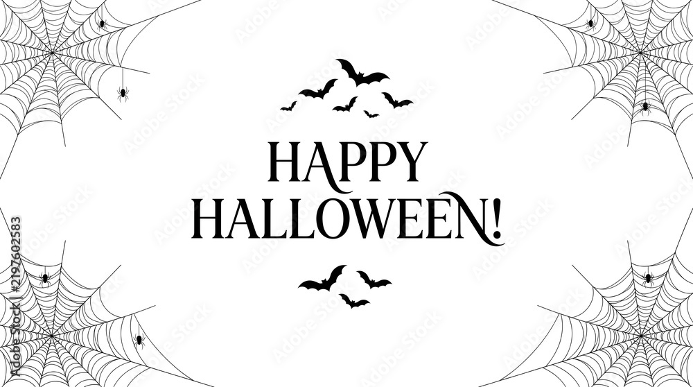 Fototapeta premium Halloween greeting card with black bats and spider web design for copy space