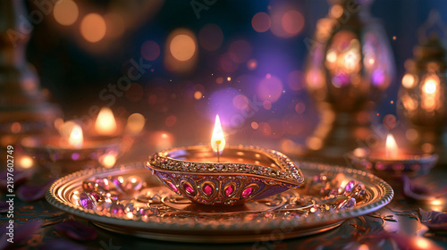 Glowing diya lamp on a plate celebrating diwali festival