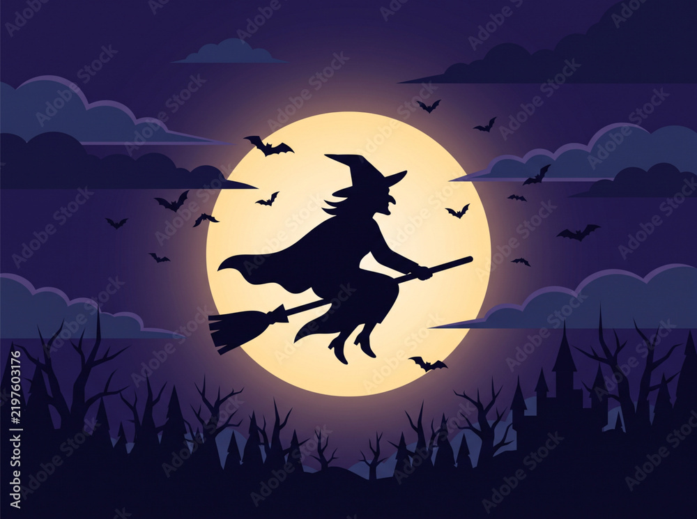 Fototapeta premium Halloween Flying Witch Silhouette Glowing Full Moon Vector Illustration. Spooky Witch Riding Broomstick Night Sky Starry Forest Background. Halloween Night Sky Flying Witch Silhouette Glowing Moon