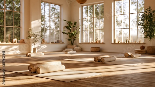 Sunny yoga studio interior with mats and plants