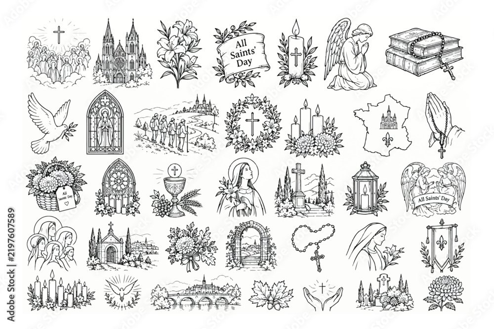 Obraz premium Religious Christian icons and All Saints Day symbols set, hand drawn sketch of church elements, 35 black and white vector illustrations for catholic faith