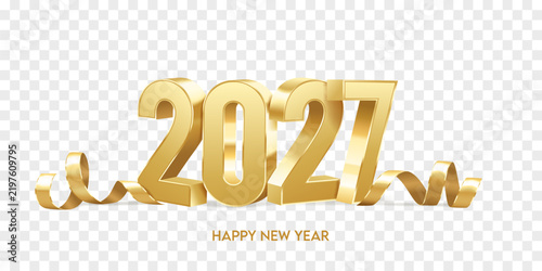 Happy New Year 2027. Golden 3D numbers with ribbons and confetti, isolated on transparent background. Holiday greeting card design.