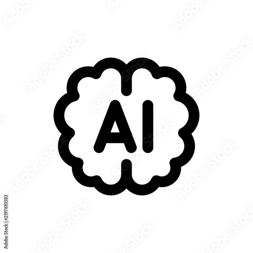 Minimal black line icon of a stylized human brain with AI letters in the center. Artificial intelligence, machine learning, neural technology and digital innovation concept
