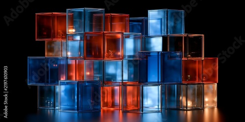 Stacked Transparent Red and Blue Glass Cubes on Black Background