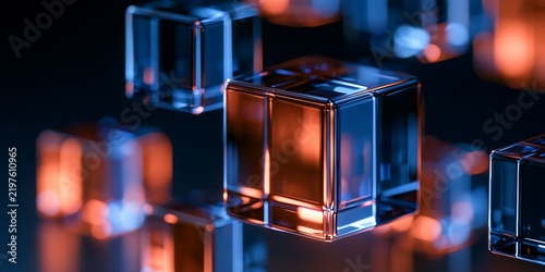 Large Blue and Orange Glass Cube on Glossy Reflective Surface