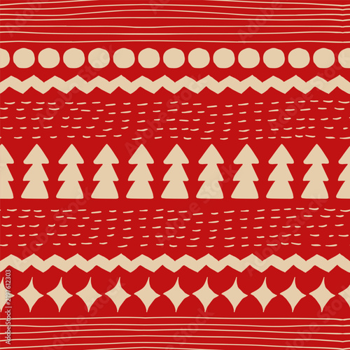 Vector geometric seamless pattern with Christmas trees and snowflakes.