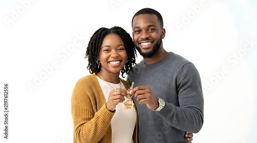 A joyful Black couple holds a house key with a 'Home Sweet Home' tag, smiling together against a white background.