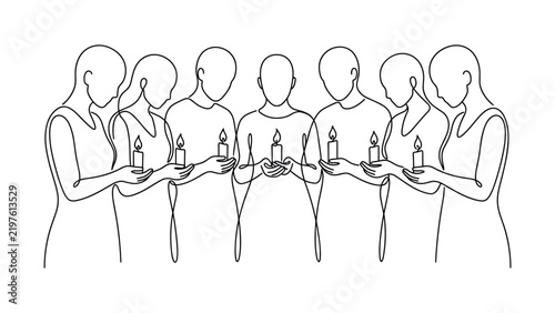 Foto Line art illustration of a group of people standing together holding lighted candles