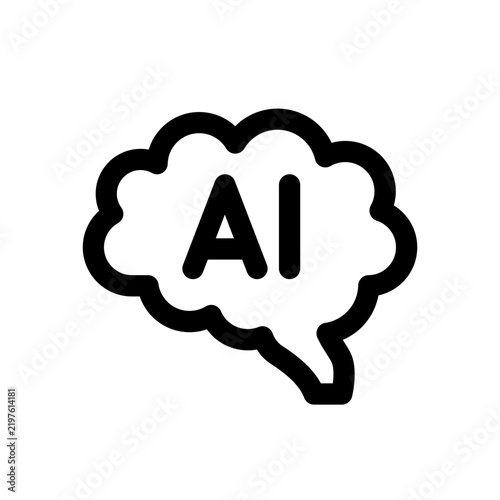 Minimal black outline icon of a human brain with AI letters in the center. Simple artificial intelligence symbol for machine learning, neural networks, automation and digital technology
