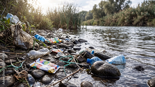 Plastic pollution and discarded waste along a riverbank, with bottles, packaging, and bags scattered among rocks beside flowing water in a natural landscape