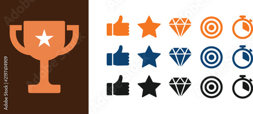 Trophy Award and Rating Icon Set with Star, Diamond, Like and Favorite Symbols