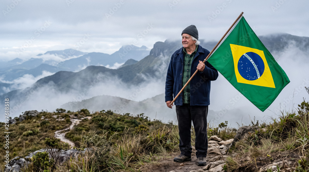 Obraz premium Elderly man with Brazilian flag on mountain