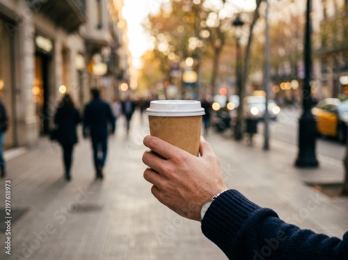Hand holding coffee cup on city sidewalk with people walking