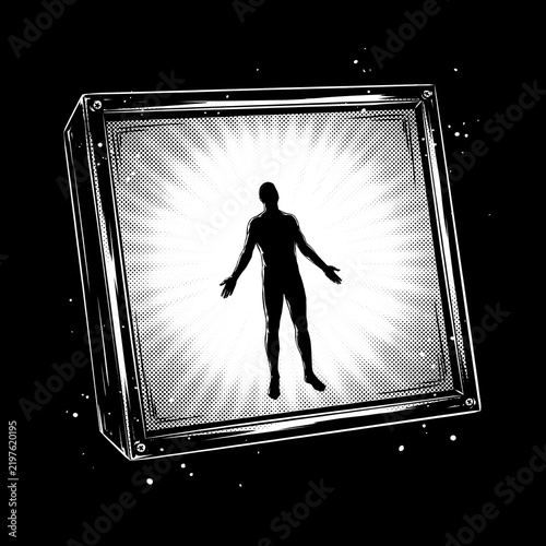 Human silhouette glowing inside square frame comic style graphic for sci-fi concept art.