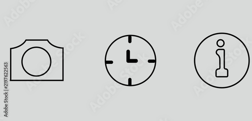 Camera, Clock and Information Outline Icons on Gray Background