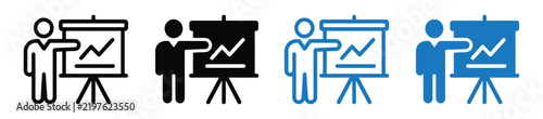 Business presentation vector icons set featuring presenter explaining financial growth chart on flipchart whiteboard