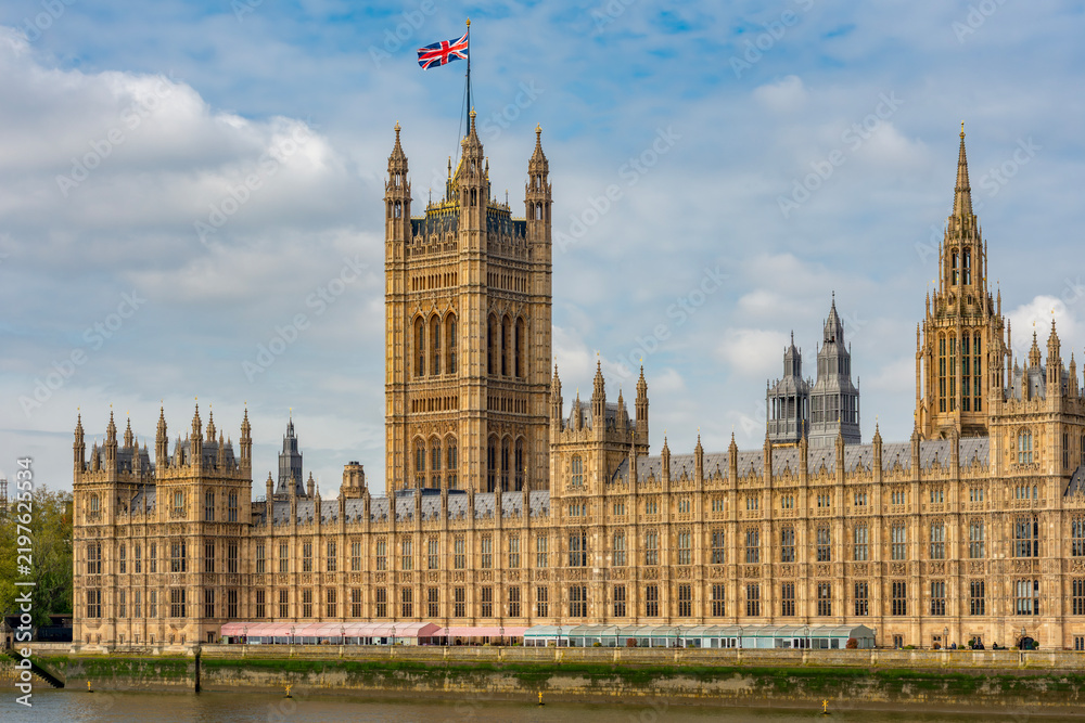 Fototapeta premium Victoria and Central towers of Houses of Parliament, London, UK