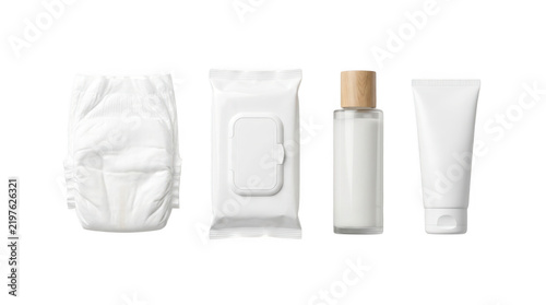 Baby care essentials including white diaper wet wipes lotion bottle as isolated on transparent background