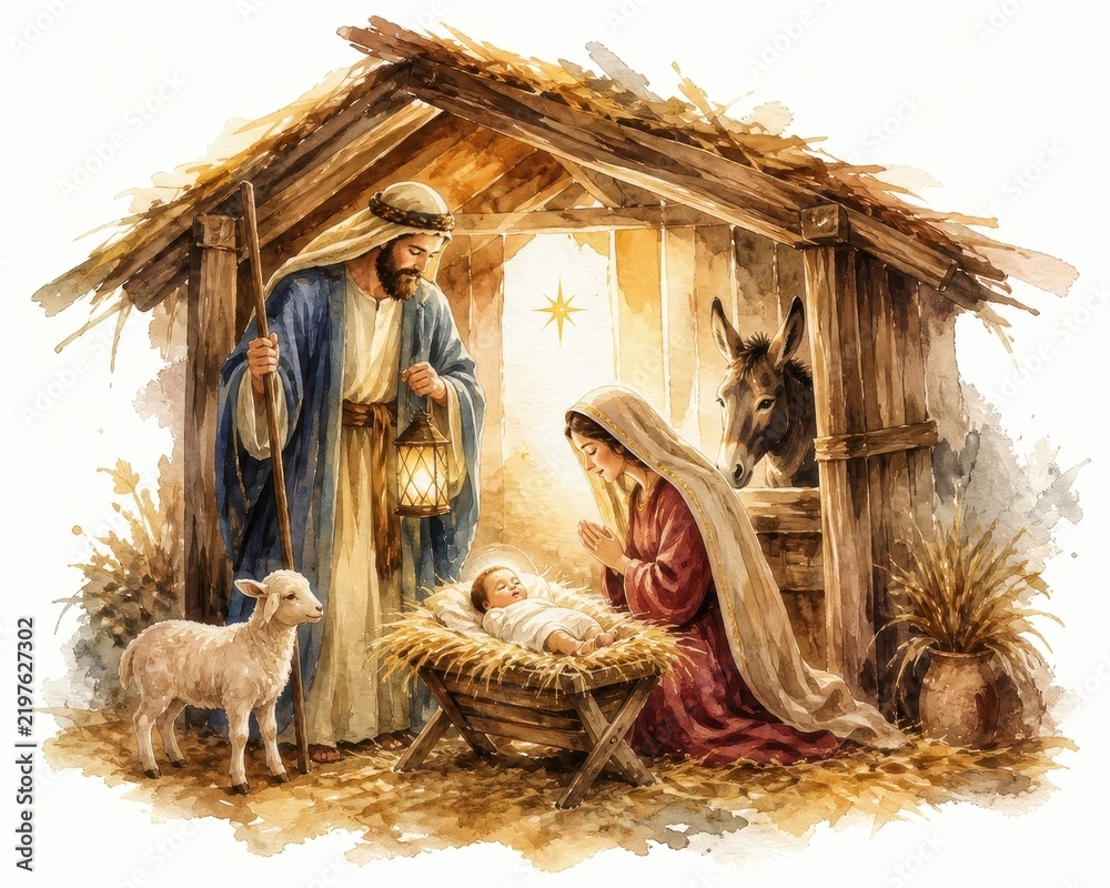 Obraz premium Nativity scene in rustic stable with Mary, Joseph, baby