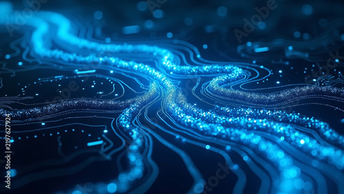 Glowing blue digital particle flow, winding luminous circuit lines, dark background, futuristic big data and network technology.