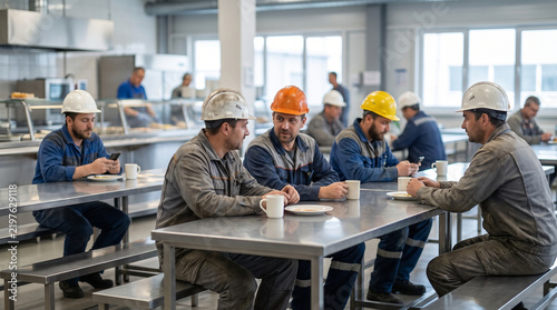 Factory cafeteria during break with workers sitting and eating  