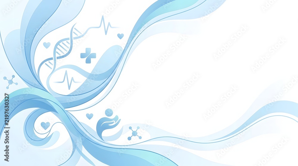 Naklejka premium Abstract medical background with soft blue waves and DNA strand, modern healthcare banner graphic design, copy space