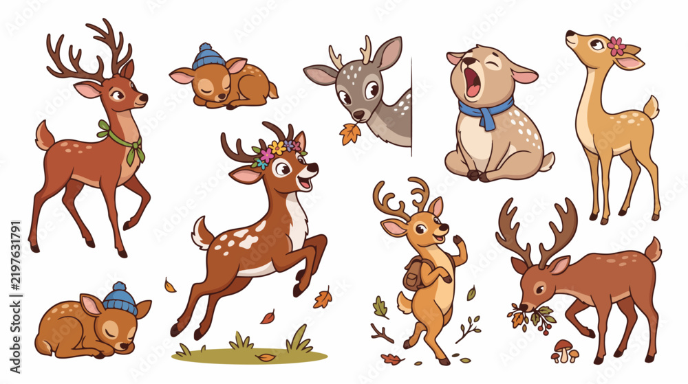 Obraz premium Playful Cartoon Deer Collection Isolated on White Background