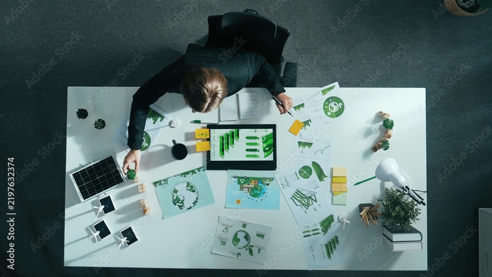 Obraz premium Time lapse of manager make decision about green business investment. Aerial view of professional business woman working at meeting table with document about green energy and zero waste. Alimentation.