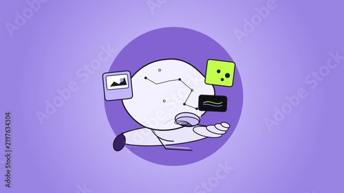 Abstract Character Illustration Featuring Floating Digital Icons and Constellation Dots on a Soft Purple Circular Background Minimalist Motion Design