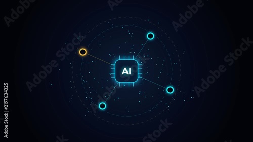 AI Artificial Intelligence Concept Animation Featuring Central Processor Chip With Glowing Digital Data Connections And Futuristic Particle Motion HUD
