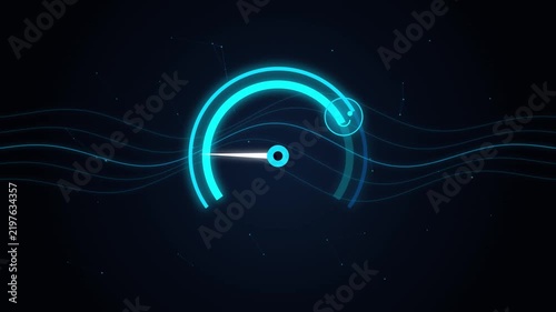 Futuristic Neon Blue HUD Circular Speedometer Gauge Interface Animation with Glowing Data Waveforms and Digital Particle Motion Graphics Elements