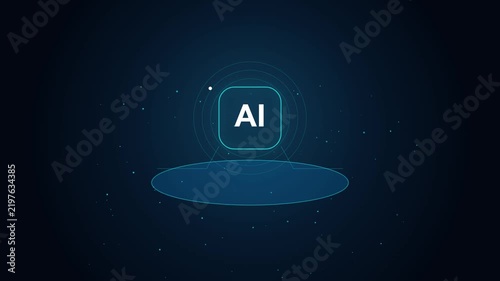 Futuristic AI Icon Animation with Glowing Digital UI Elements and Circular HUD Data Overlay Graphics on Dark Blue Background for Tech Visual Media