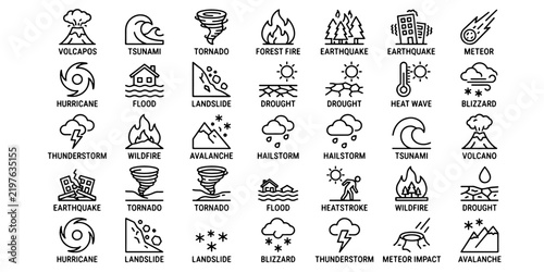 Natural disasters and extreme weather events vector line art icons set