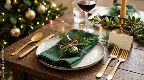 Elegant Christmas Dinner Table Setting with Golden Cutlery and Green Napkin