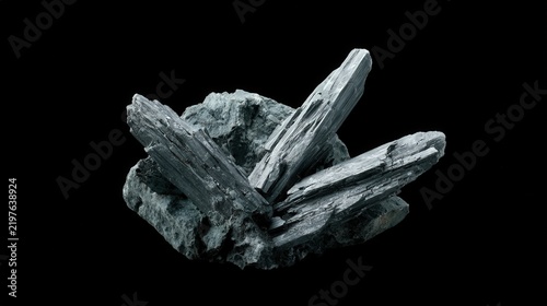 Silver Gray Mineral Crystal Blades on Black Background