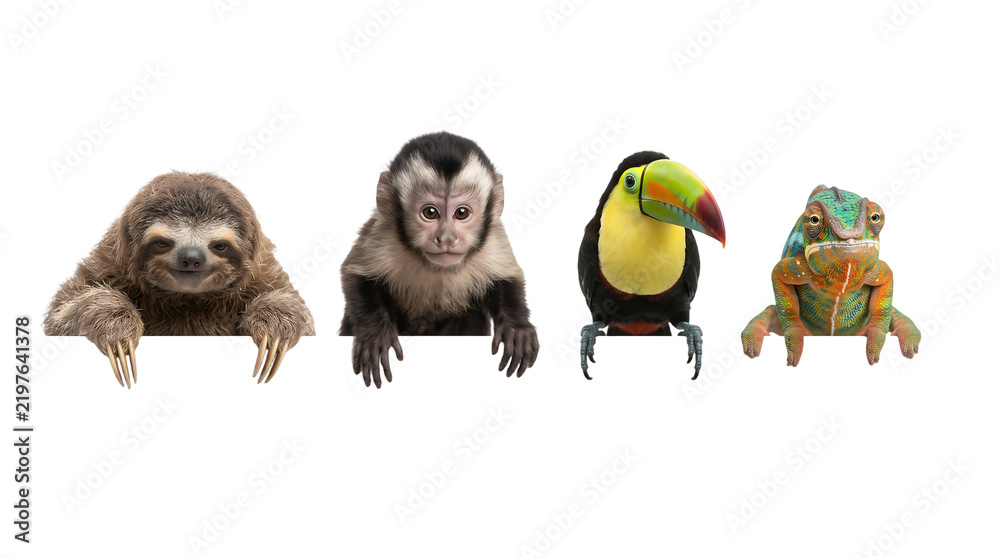 Fototapeta premium Exotic wild animals leaning on white border isolated on white background, sloth capuchin monkey toucan chameleon set